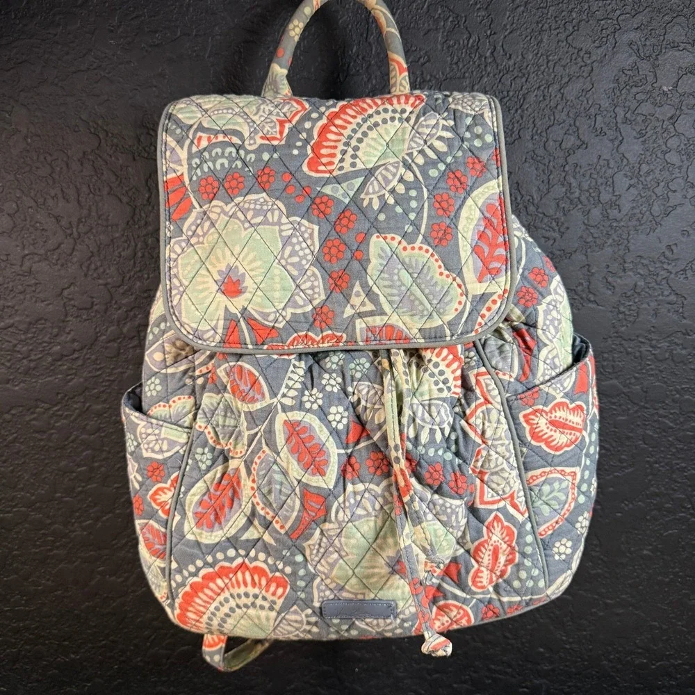 Vera Bradley Quilted Cotton Blue Orange Floral Drawstring Backpack Womens Medium